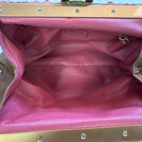 PRADA Tan Pitone-Trimmed Tessuto Frame Bag - Picture 3 of 6